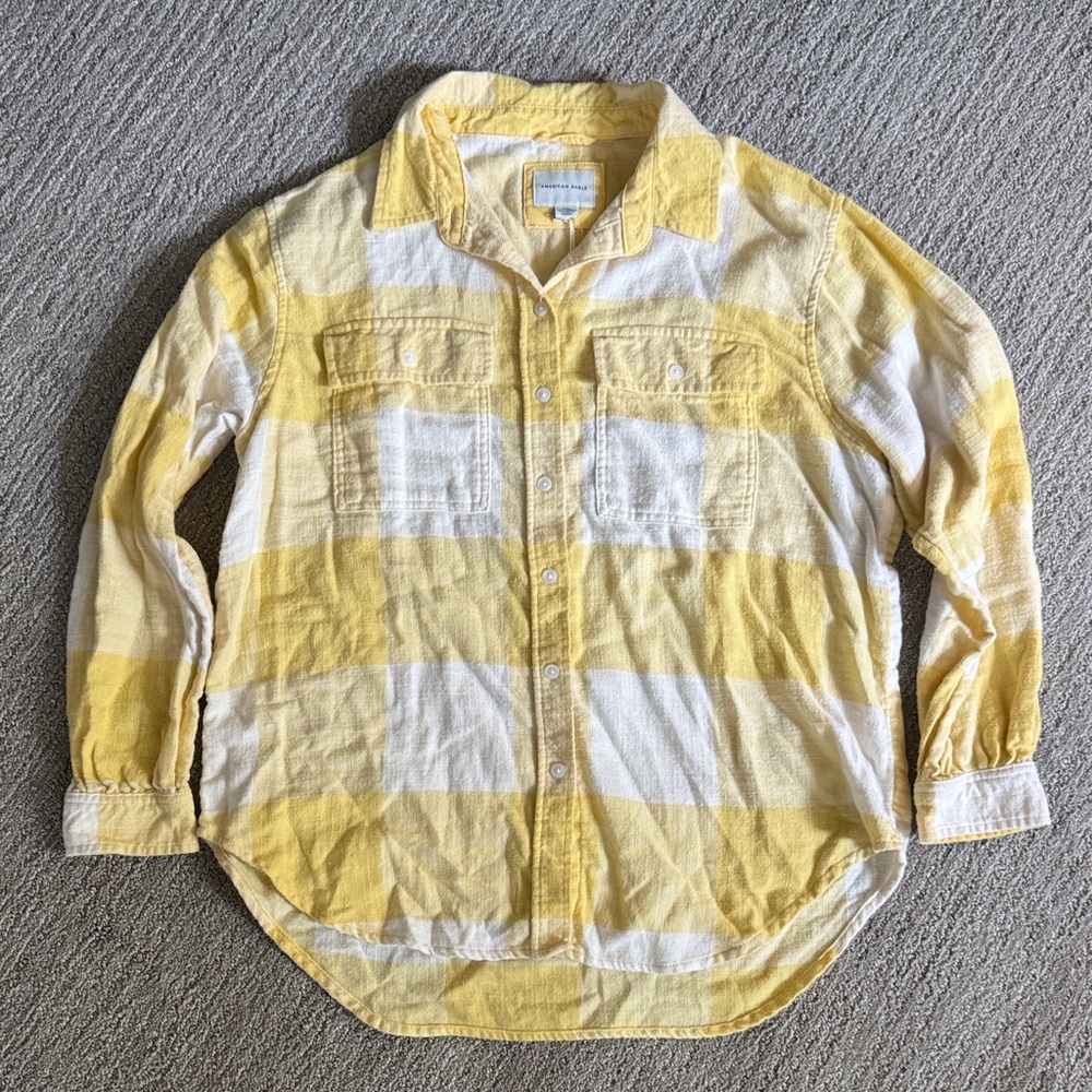 AEO Yellow and White Plaid Flannel